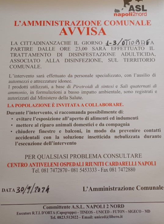 AVVISO - DI DISINFESTAZIONE ADULTICIDA ASSOCIATO ALLA DISINFEZIONE SUL TERRITORIO COMUNALE