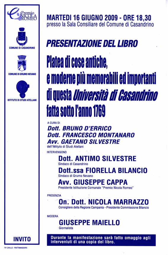 Martedì 16 giugno 2009 - ore 18,30 - presso la Sala Consiliare del Comune di Casandrino