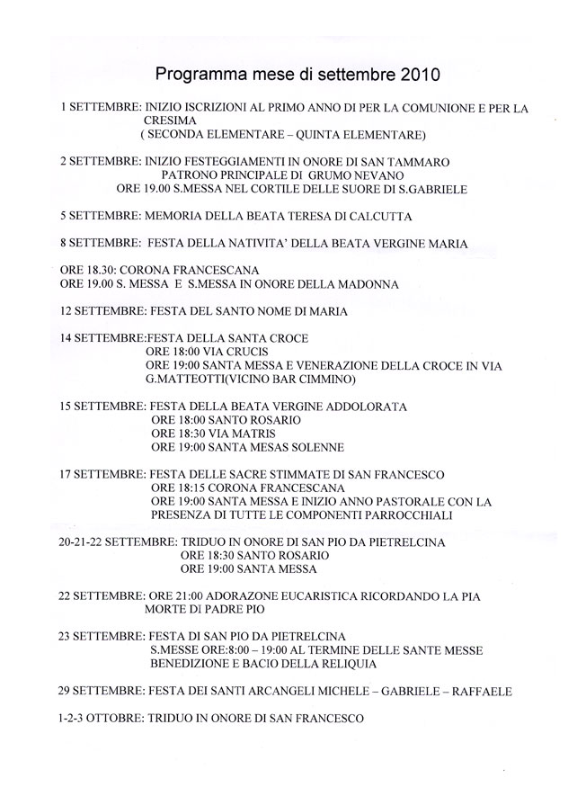 Programma Religioso mese di settembre 2010