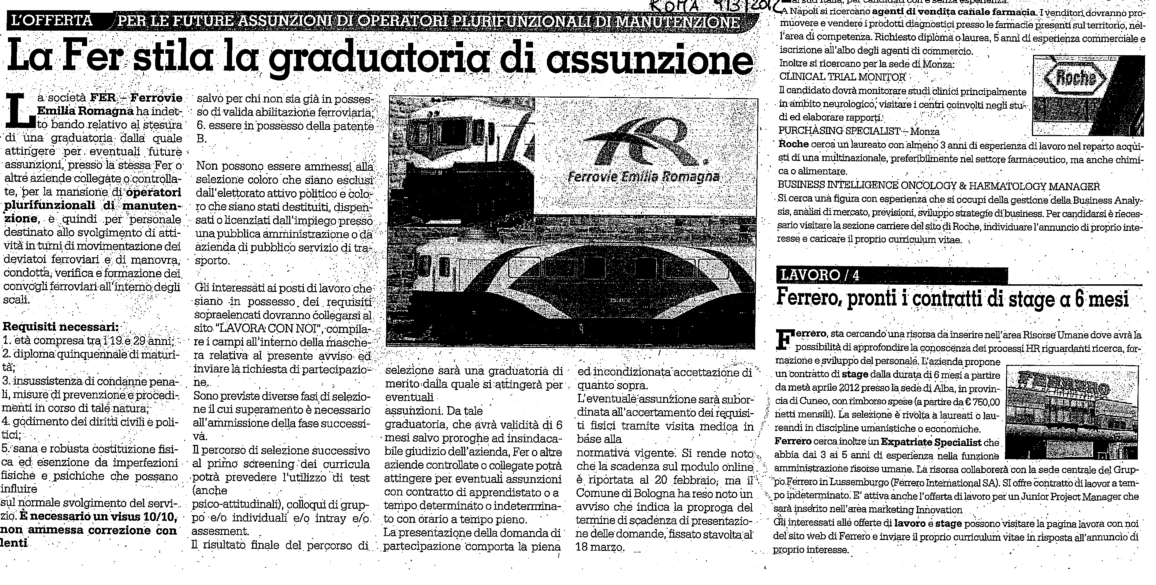 ASSUNZIONI PRESSO LA SOCIETA - FER (FERROVIE EMILIA ROMAGNA)