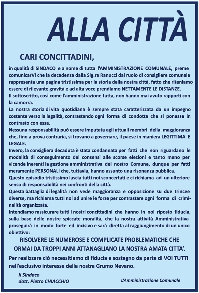 MANIFESTO ALLA CITTA DEL SINDACO E DELLAMMINISTRAZIONE COMUNALE