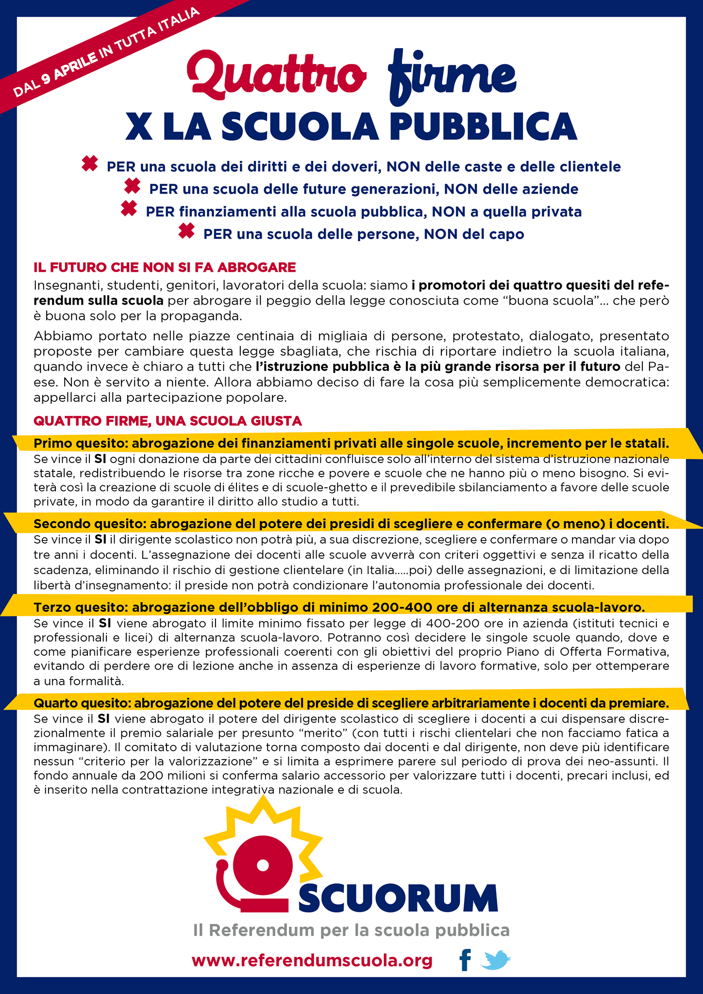 QUATTRO FIRME PER LA SCUOLA PUBBLICA  TRE FIRME PER I REFERENDUM DEMOCRAZIA COSTITUZIONALE
