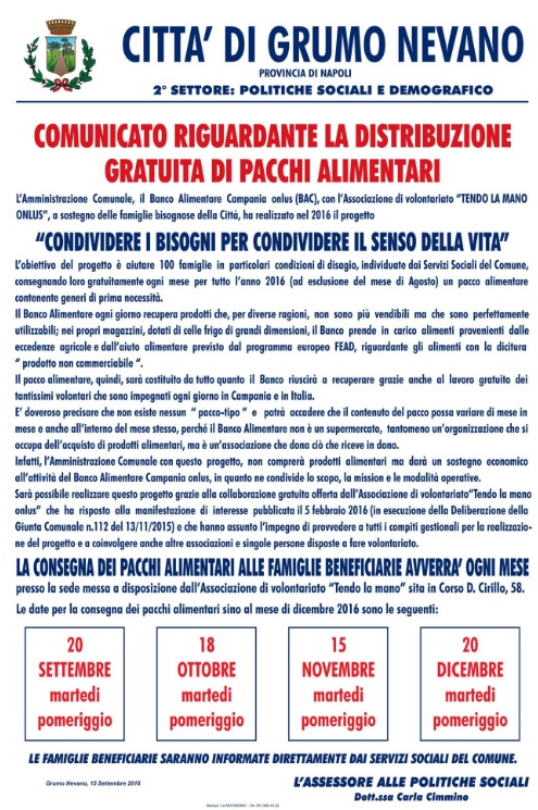 DISTRIBUZIONE GRATUITA DEI PACCHI ALIMENTARI