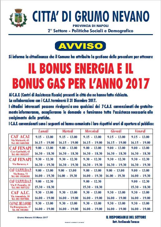 BONUS ENERGIA E BONUS GAS PER LANNO 2017