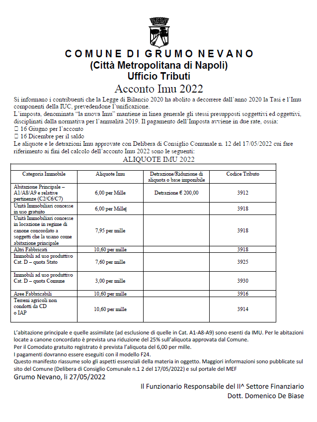 Manifesto acconto Imu 2022 con scadenza 16 Giugno 2022.