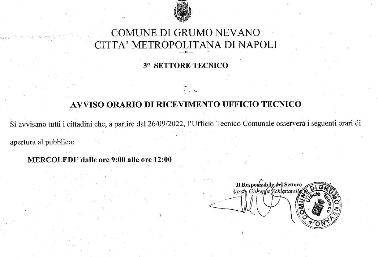 AVVISO ORARIO DI RICEVIMENTO UFFICIO TECNICO