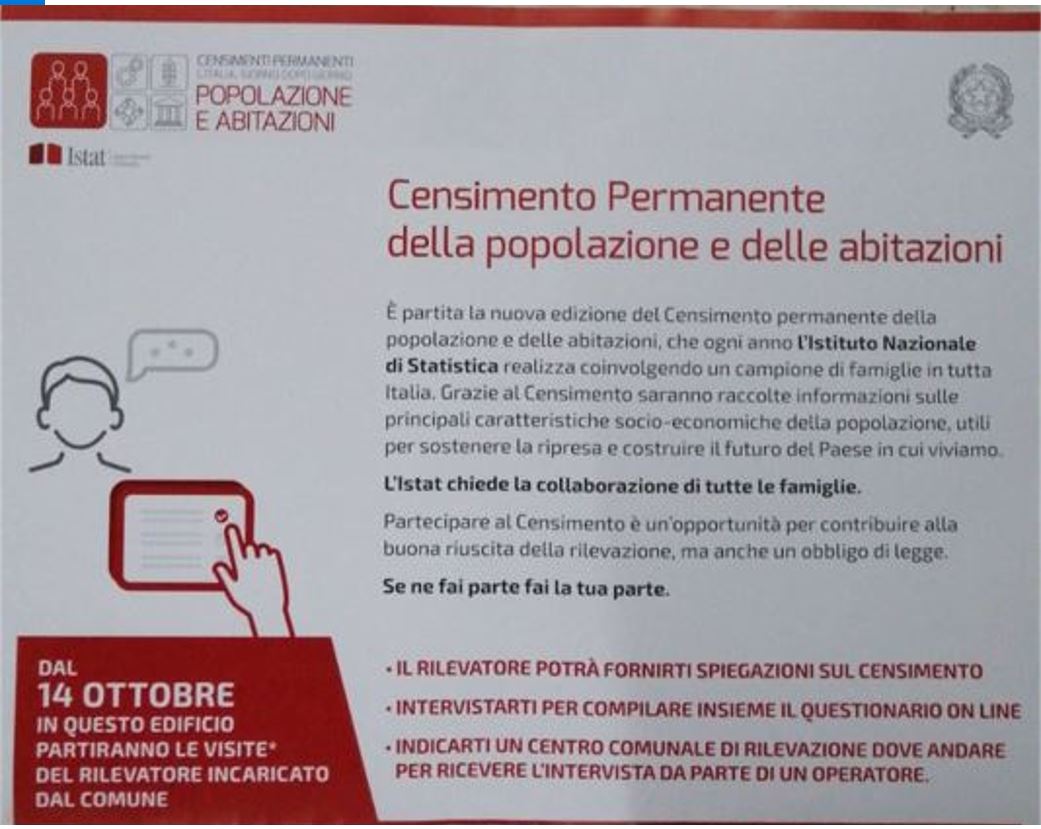 E&rsquo; IN CORSO IL CENSIMENTO PERMANENTE DELLA POPOLAZIONE E DELLE ABITAZIONI ANNO 2021, SI INVITANO I CITTADINI A COLLABORARE