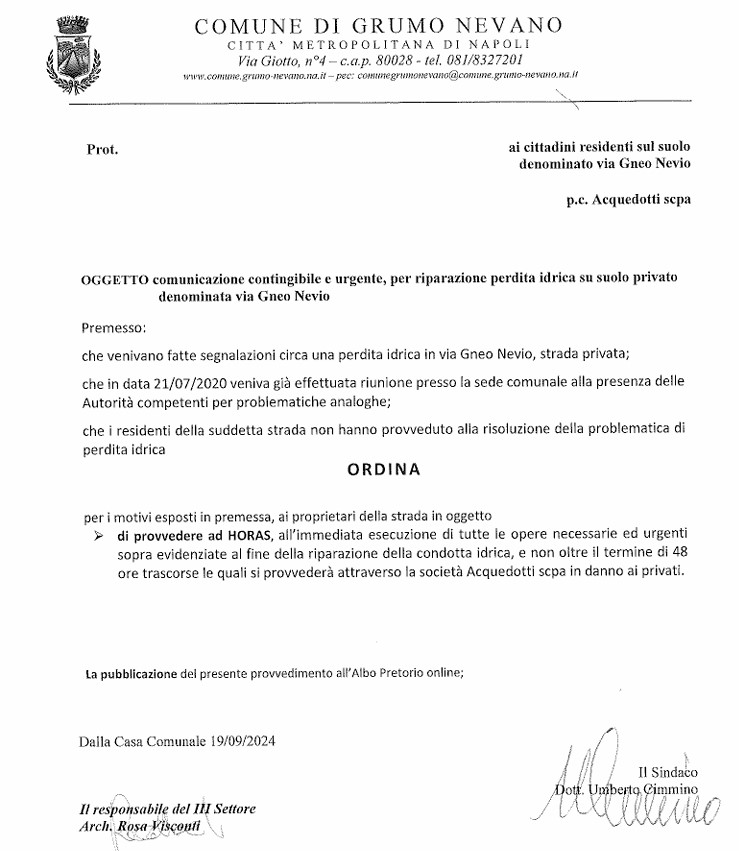 AVVISO - COMUNICAZIONE CONTIGIBILE ED URGENTE PER RIPARAZIONE PERDITA IDRICA SU VIA GNEO NEVIO