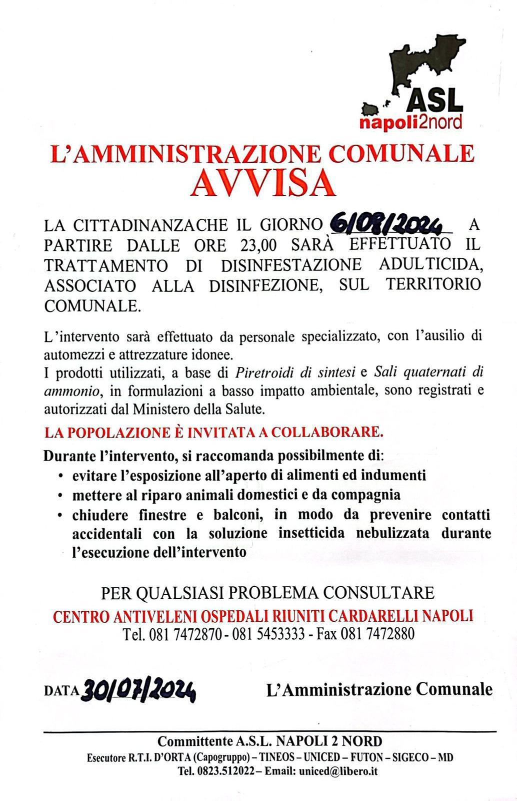 AVVISO - TRATTAMENTO DISINFEZIONE ADULTICIDA