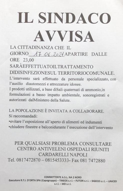 AVVISO DISINFEZIONE SUL TERRITORIO COMUNALE