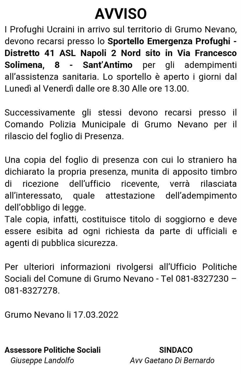 AVVISO - SPORTELLO EMERGENZA PROFUGHI