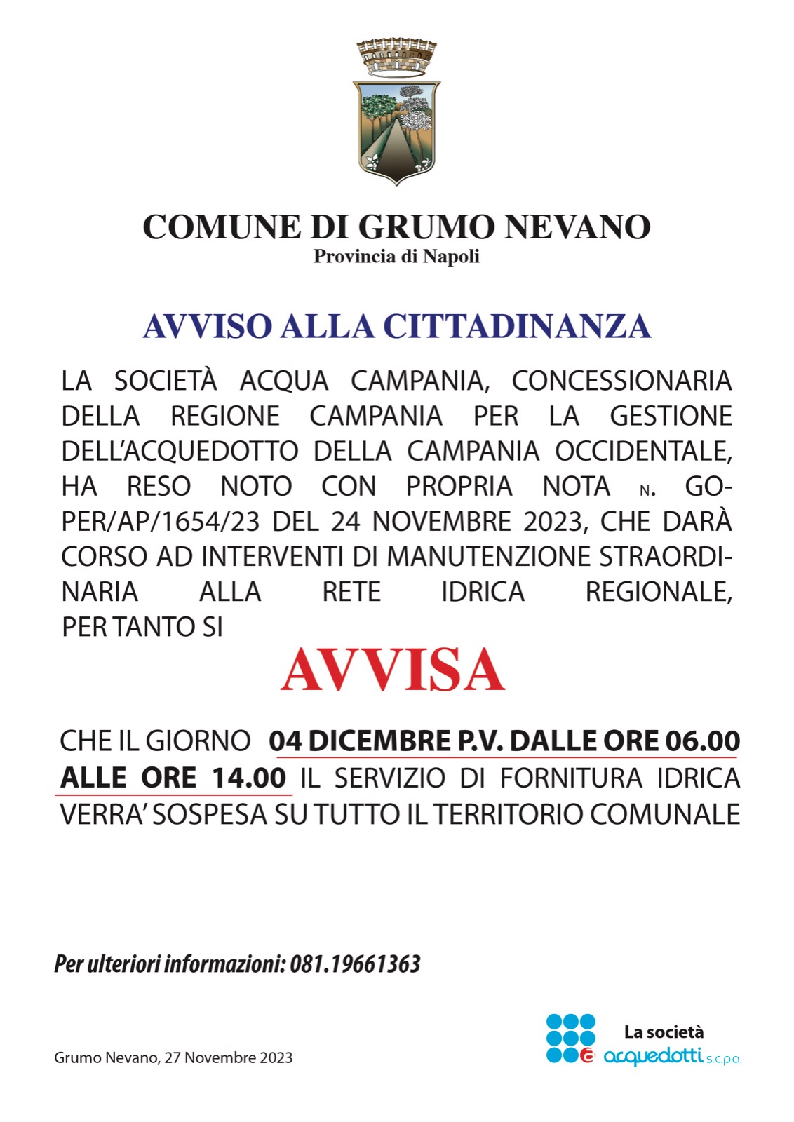 AVVISO- SOSPENSIONE SERVIZIO DI FORNITURA IDRICA